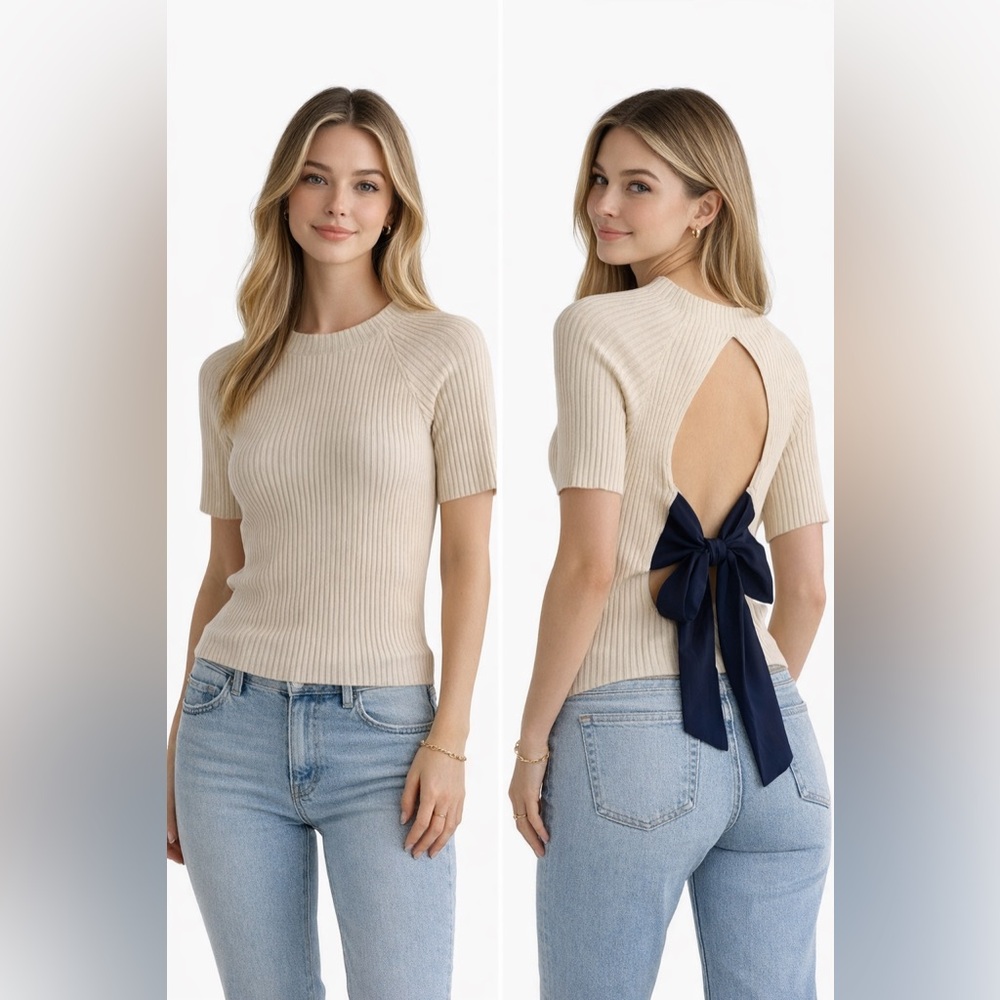 ZARA Knit Ribbed Short Sleeve Sweater with Open Back Bow – Size M – NWT